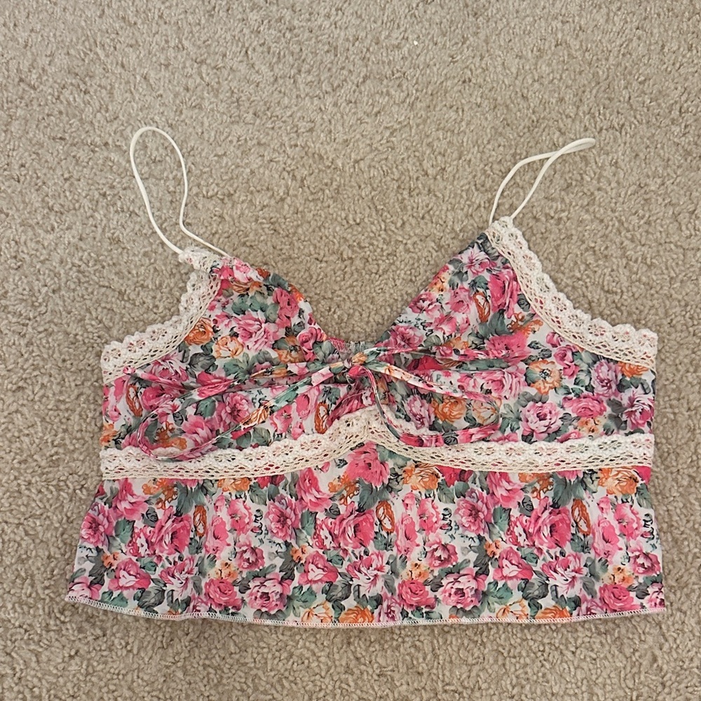 SHEIN Pink Red Tie Front Crop Camisole